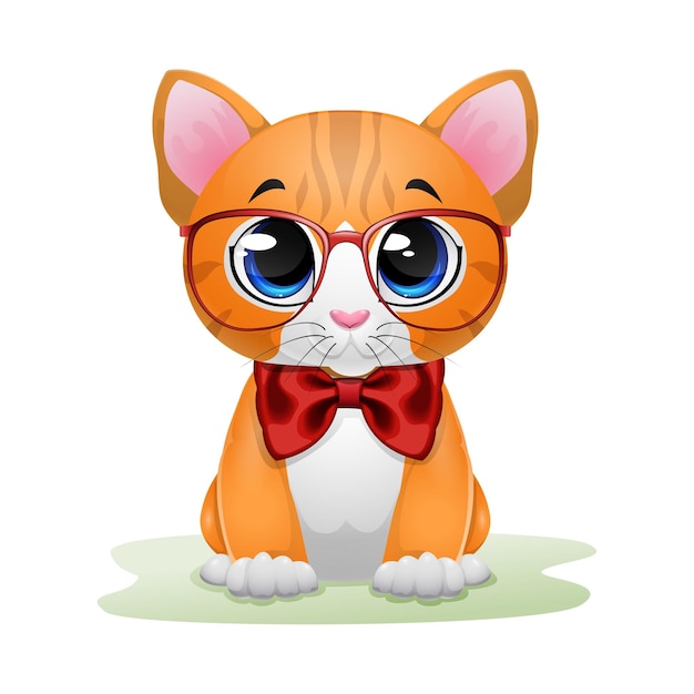 Cute kitten cartoon wearing red glasses and bow