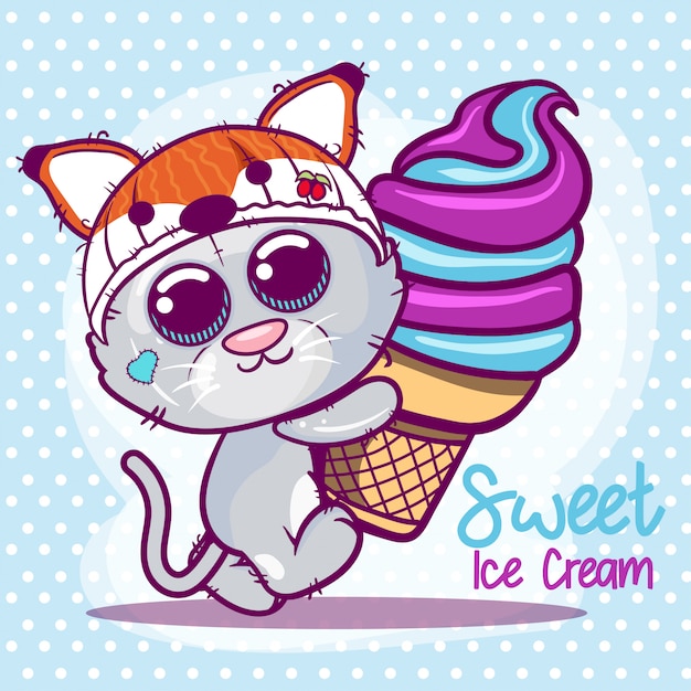 Cute kitten cartoon with ice cream