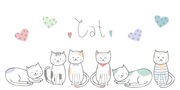 Vettore carta da parati sveglia di doodle del fumetto del gatto del gattino