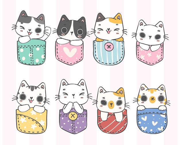 T シャツのポケット ペット動物漫画落書き手描きコレクションでかわいい子猫猫