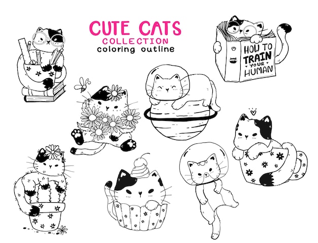 Cute kitten cat outline collection for coloring book