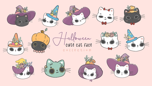 Carino gattino gatto strega halloween faccia testa contorno collezione disegno cartone animato