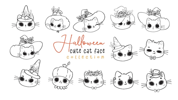 귀여운 새끼 고양이 고양이 마녀 할로윈 얼굴 머리 개요 색칠 스탬프 만화 그리기