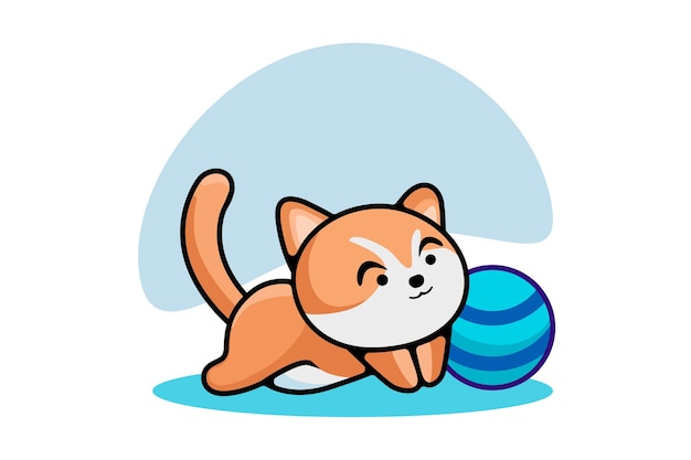 Vector cute kitten cat with blue ball. cartoon cat in minimal style on white background. cat ball illustrat