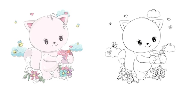 cute kitten clipart illustration and black and white. cat with a strawberry muffin in its paws.