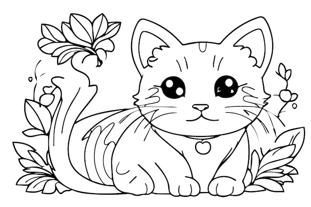 Vector cute kitten coloring page for kids coloring book illustration