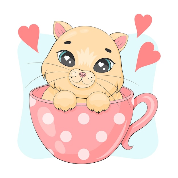 Милый котенок в чашке Счастливый мультяшный стиль Детская иллюстрация Векторная иллюстрация Изолированный на белом