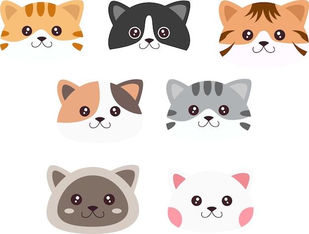 Cute Kitten Face Flat Vector Collection