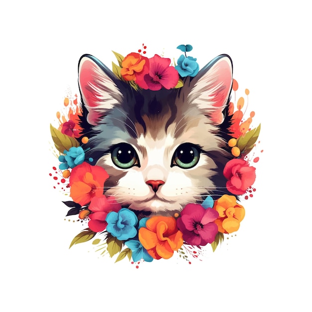 Cute kitten head with fantasy flowers around Great for stickers clip art vintage tshirt designs ai generators