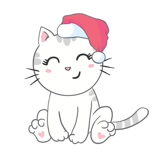 サンタの帽子をかぶったかわいい子猫。クリスマスのイラストは、グリーティングカード、塗り絵、文房具に使用できます。