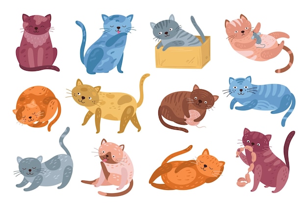 Gattino carino gatto che salta gattini isolati design dei personaggi cartoon doodle divertenti animali soffici grigio nero animali domestici da gioco set di vettori precisi