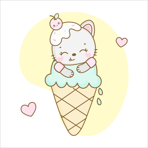 Cute kitten in kawaii style sleeping lying on ice cream