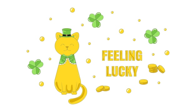 Cute kitten in leprechaun costume and hat clover around feeling lucky st patricks day card