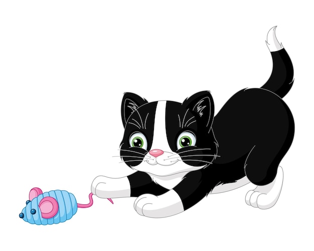 Vettore gattino sveglio che gioca con l'illustrazione di vettore del fumetto del mouse