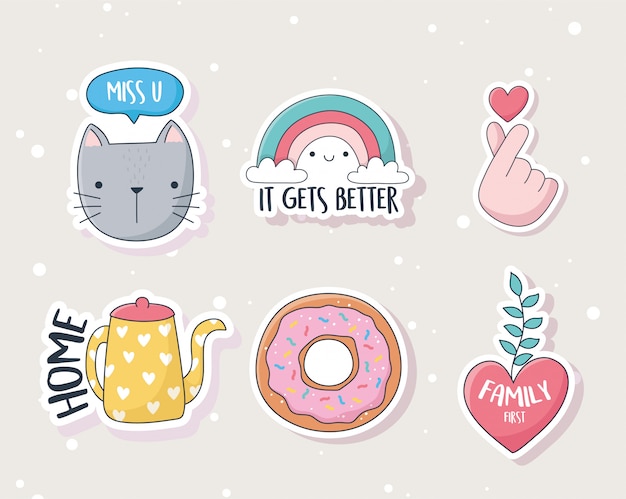 Cute kitten rainbow heart donut kettle stuff for cards stickers or patches decoration cartoon