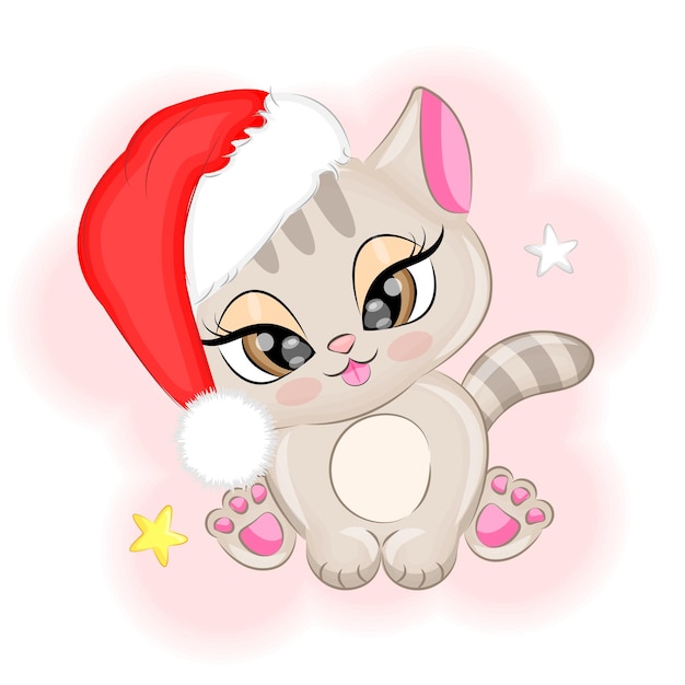 Cute kitten in a Santa hat Christmas vector illustration