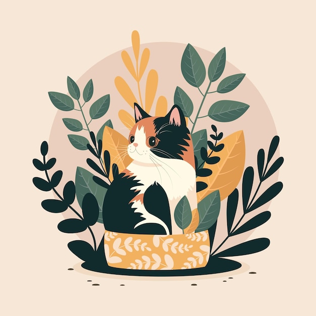 Cute kitten sitting in a flower pot with indoor houseplants. Three-color cat. Cozy vector