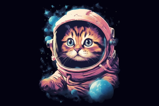 Cute kitten in space space cat astronaut in space Vector illustration