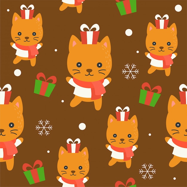 Cute kitten winter theme, editable line detail,christmas seamless pattern theme