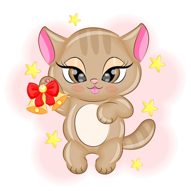 Cute kitten with a bell Christmas vector illustration