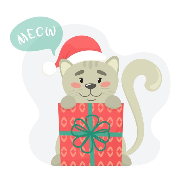 Cute kitten with a gift box and a santa hat.