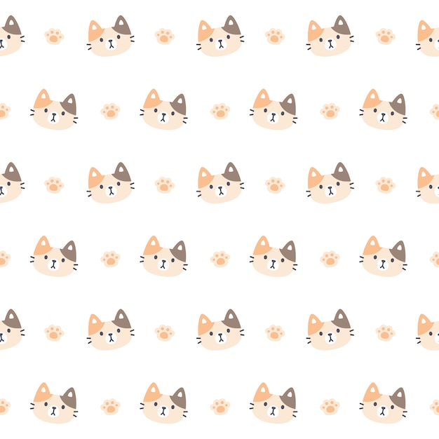 Vector cute kitty cat and paws footprint seamless pattern