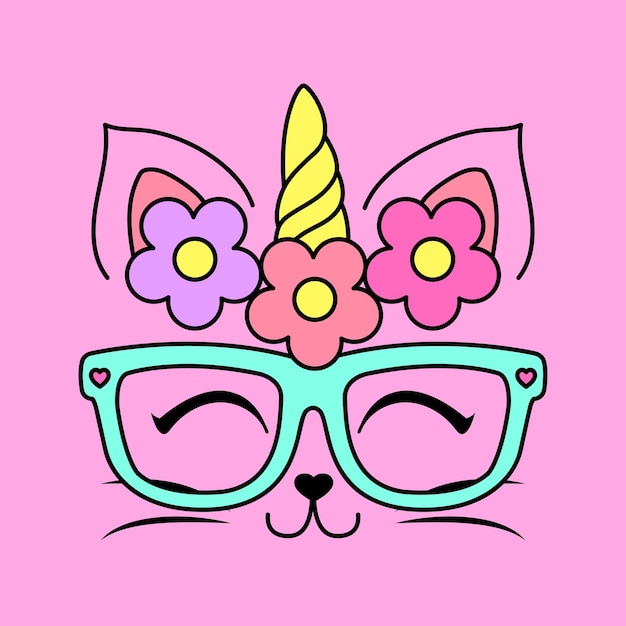 CUTE KITTY CAT UNICORN WITH GLASSES AND FLORAL