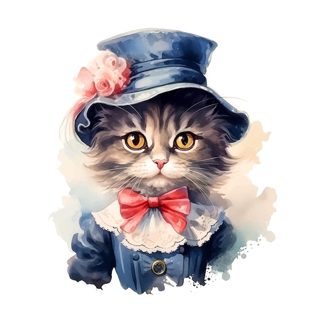 Cute kitty dressed like madamme watercolor paint