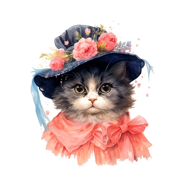 Cute kitty dressed like madamme watercolor paint