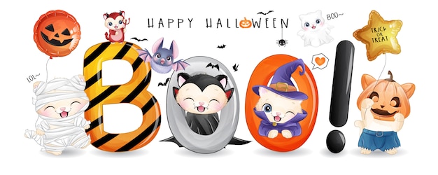 ベクトル 水彩イラストのハロウィーンの日のかわいい子猫