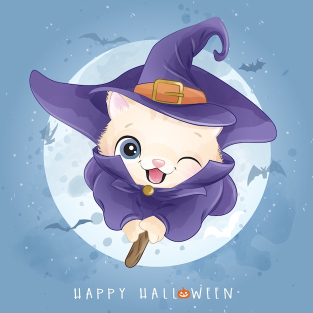 Cute kitty for halloween day with watercolor illustration