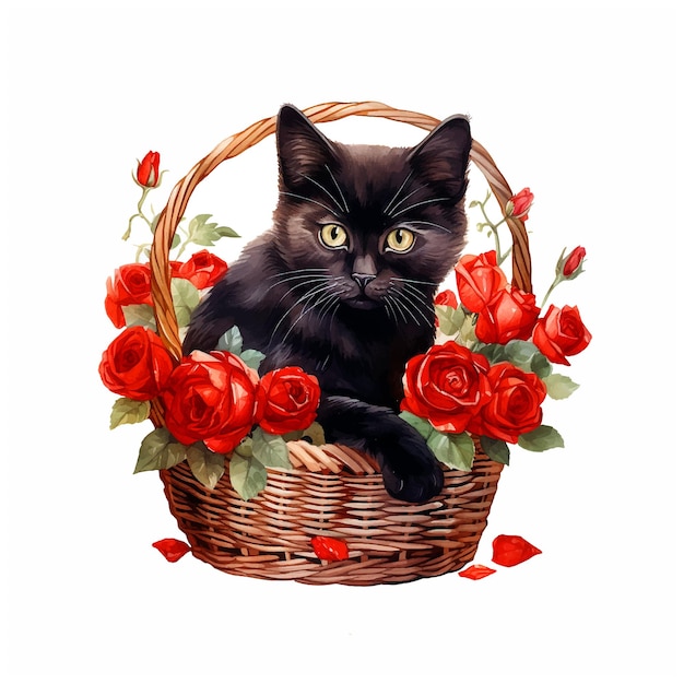 Cute kitty inside basket of flowers watercolor paint