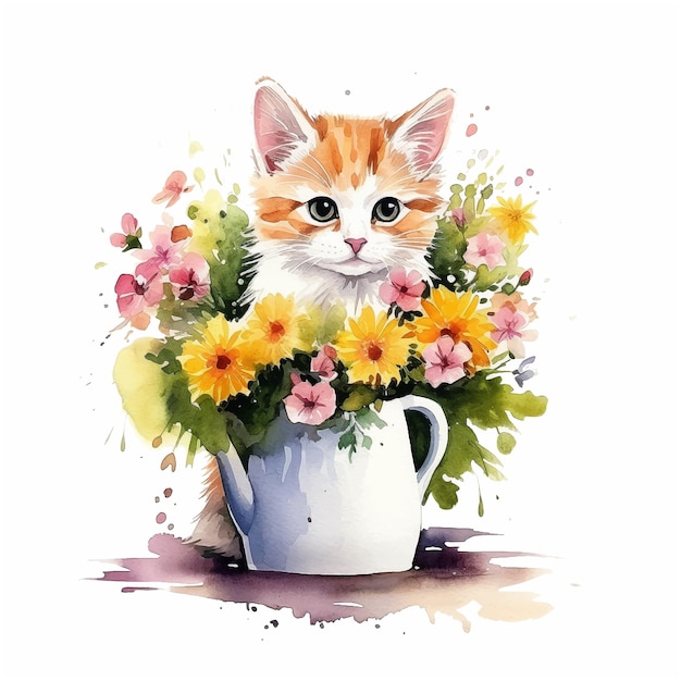 Cute kitty inside vase with roses watercolor paint