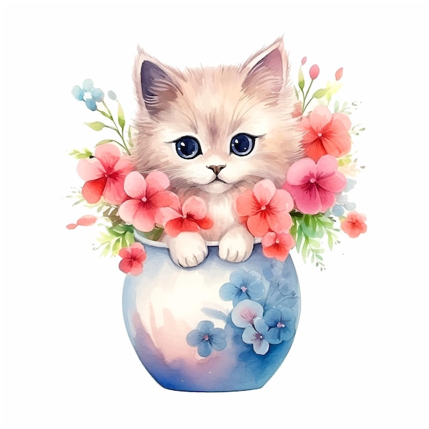 Cute kitty inside vase with roses watercolor paint