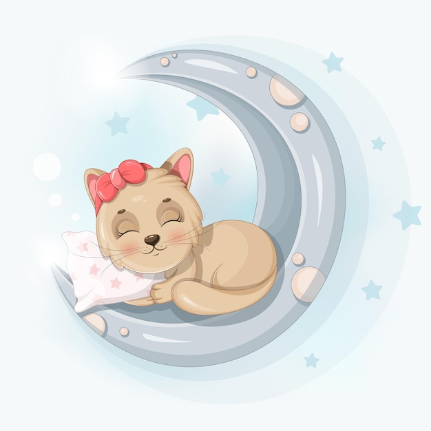 月に枕を置いて眠るかわいい子猫