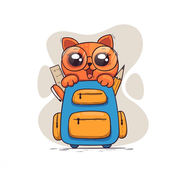 A cute kitty with glasses sits in a backpack