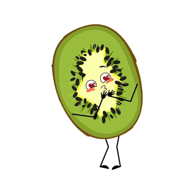 Cute kiwi character falls in love with eyes hearts kiss face arms and legs the funny or smile emotio...