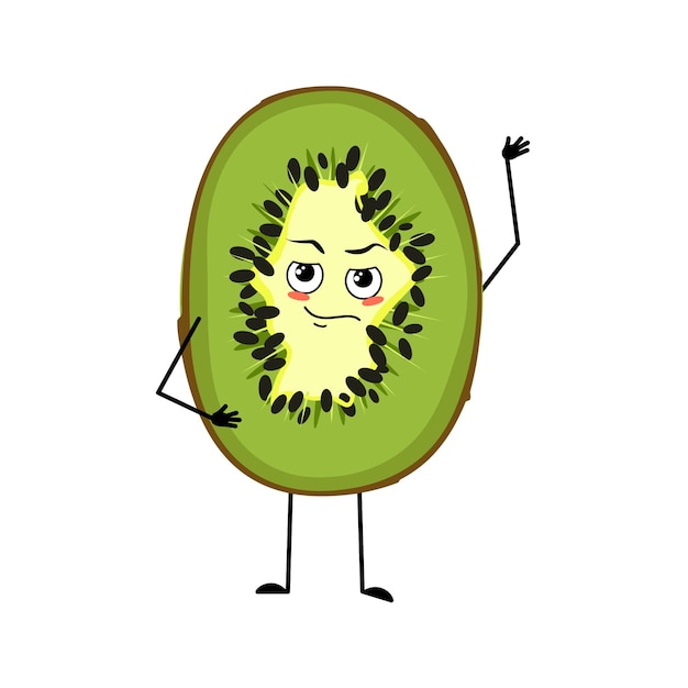 Cute kiwi character with emotions, face, arms and legs. The funny or proud, domineering hero, sweet exotic tropical fruit with eyes