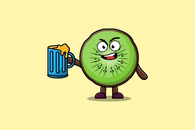 Cute Kiwi fruit cartoon mascot character with beer glass and cute stylish design flat illustration