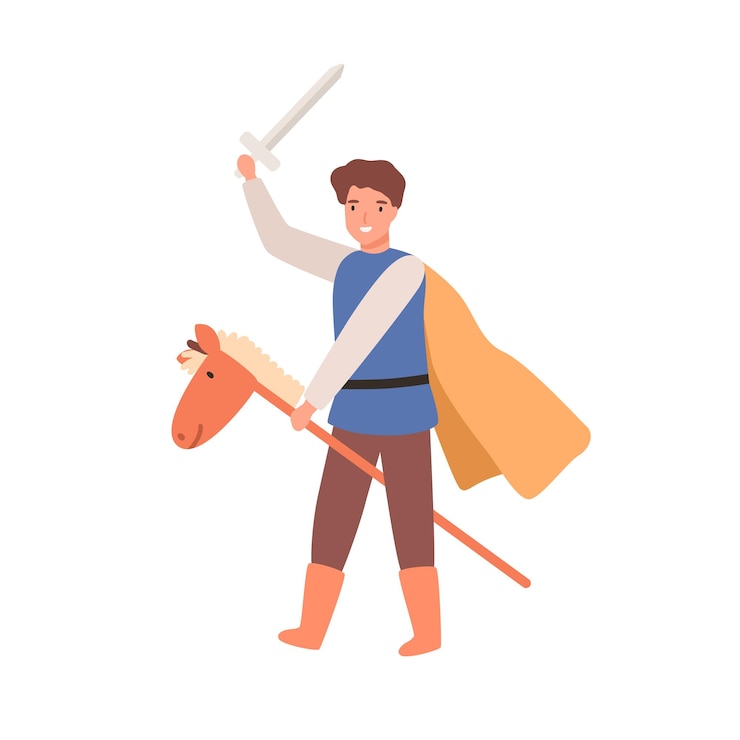 Vector cute knight boy in cloak holding sword on horse stick toy vector flat illustration. child actor play warrior in theater performance. joyful brave male kid in carnival costume isolated on white.