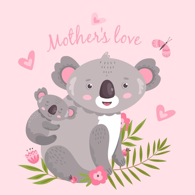 Cute koala. Animal mom hugging baby. Australia forest koalas hugs. Cute childish artwork, tendernesses cartoon print.  illustration. Koala baby and mother, family australia animal