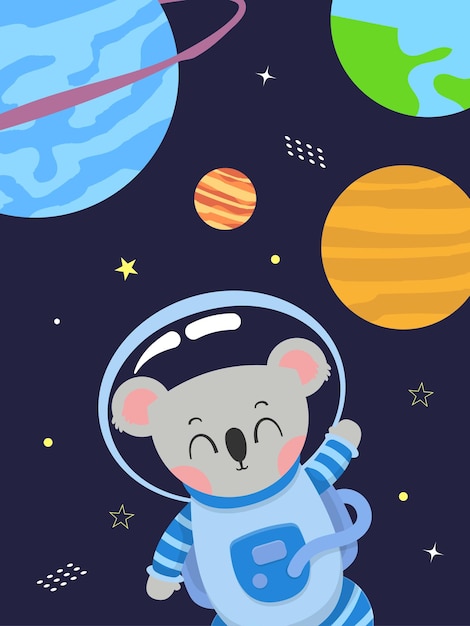 Cute koala astronaut in space cartoon illustration