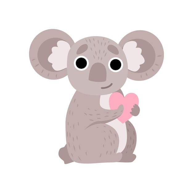 귀여운 코알라  ⁇ 이 분홍색 심장을 들고 재미있는 회색 동물 캐릭터  ⁇ 터 일러스트레이션  ⁇ 색 배경
