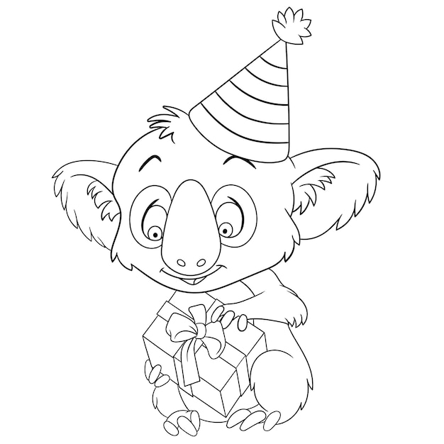 Vector cute koala bear with holiday gift box. cartoon coloring book page for kids.