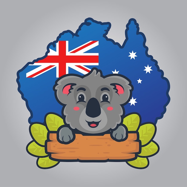 Cute koala brought a wooden board and leaves with australia background