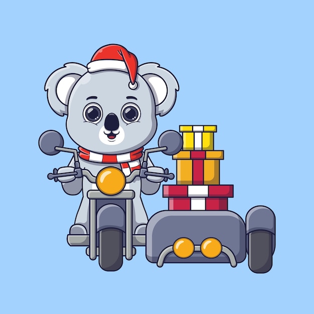 Vettore simpatico koala che trasporta una scatola di regali su moto con sidecar