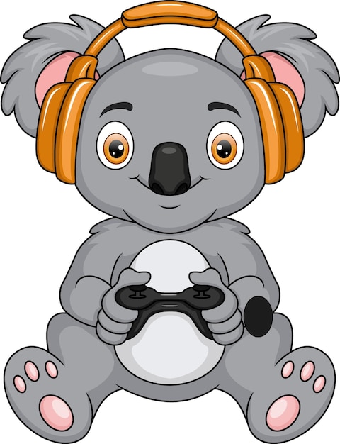 Simpatico cartone animato koala che gioca con le cuffie