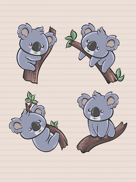 Cute koala cartoon set in hand drawn