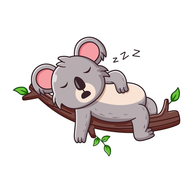 木の枝で寝ているかわいいコアラの漫画。動物アイコン コンセプト