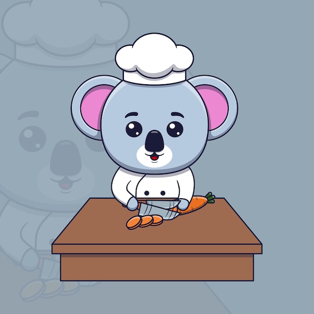 Cute koala chef cutting carrot